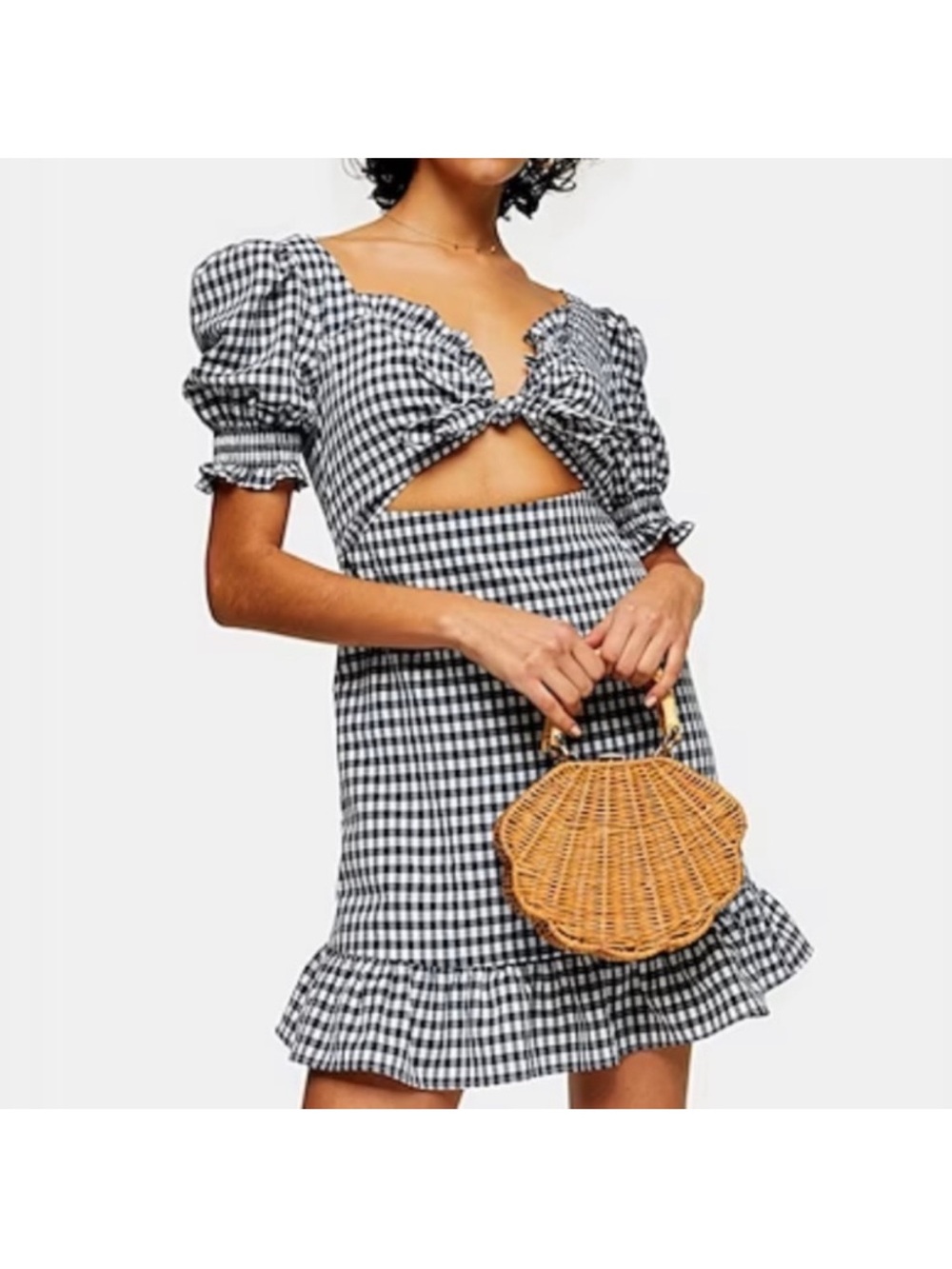TOPSHOP Black and White Gingham Ruffle Front Cut Out Open Back Mini Dress Size 4